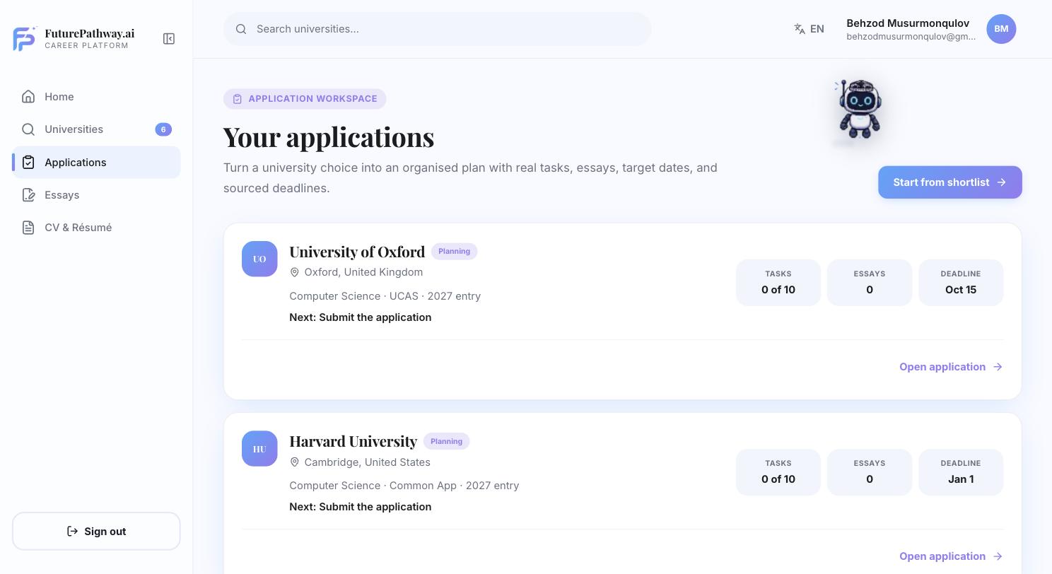 Applications list showing University of Oxford and Harvard University records with task count, essay count and deadline