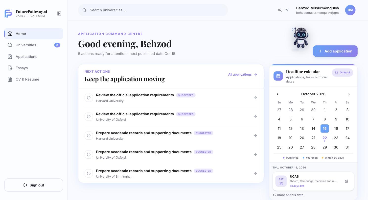 Dashboard home screen listing next actions across applications and a deadline calendar