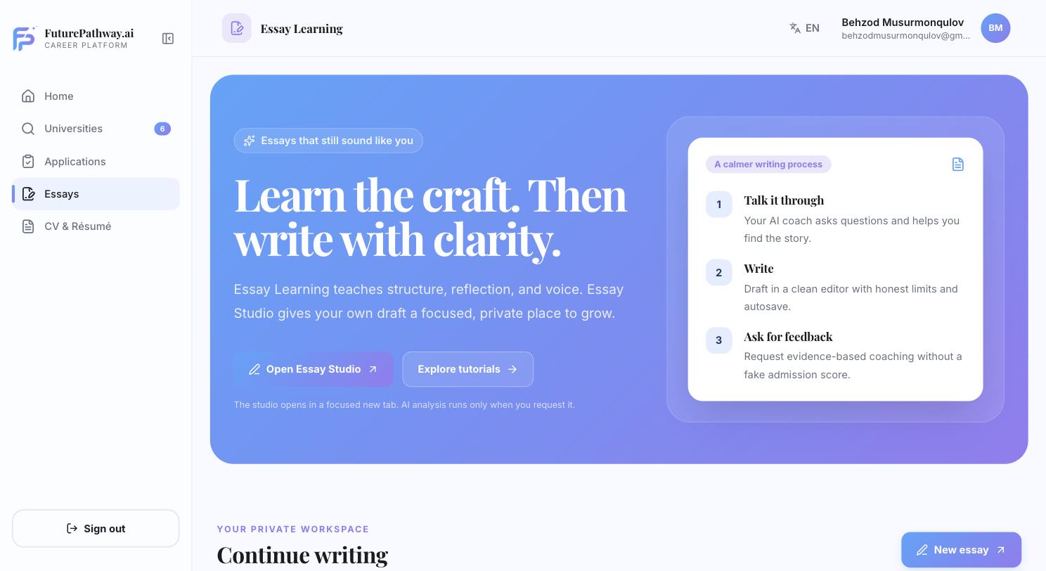 Essay Learning hub describing the three-stage writing process: talk it through, write, ask for feedback