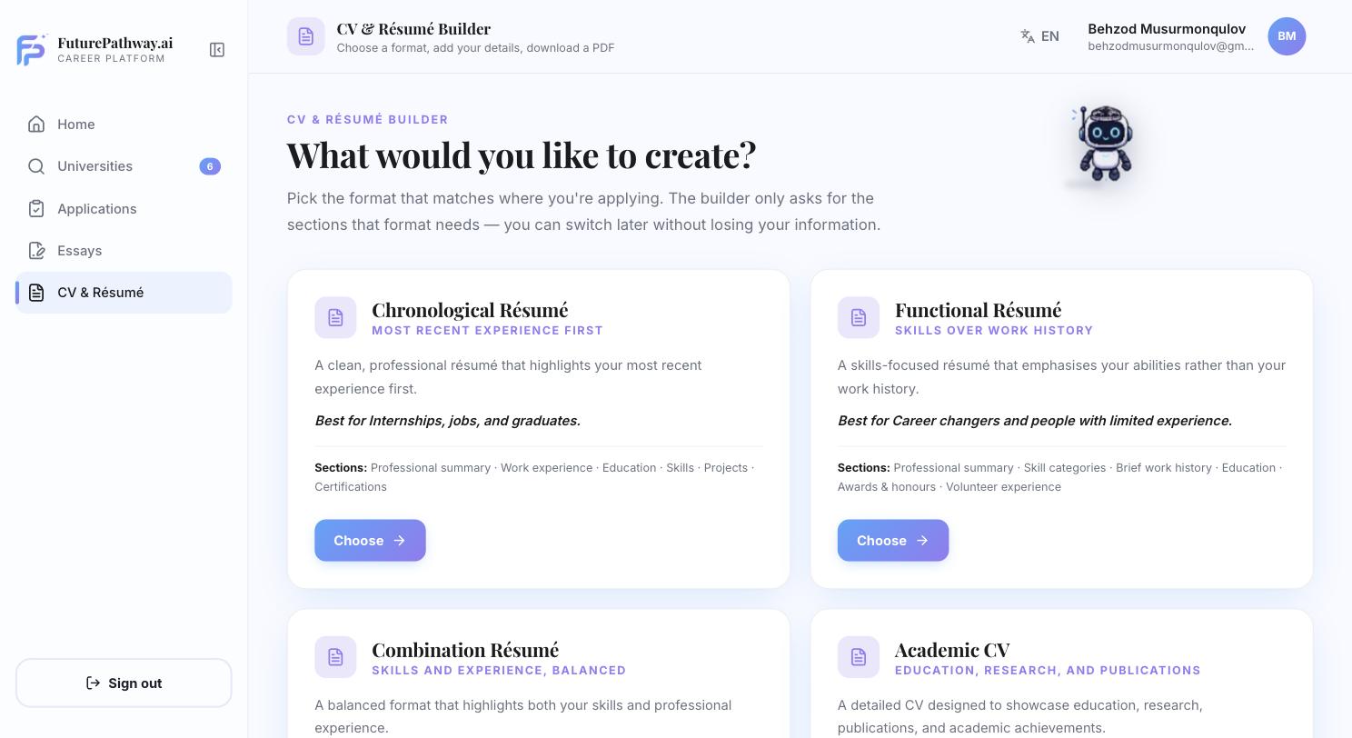 CV and résumé builder format picker listing Chronological, Functional, Combination and Academic CV formats